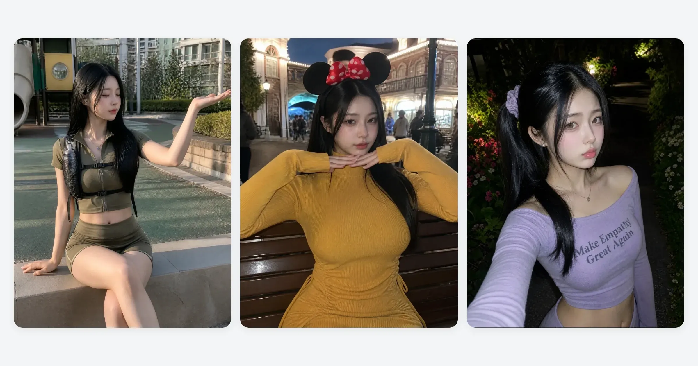 AI 인플루언서 피팅 모델 — 서로 다른 옷을 입은 같은 캐릭터