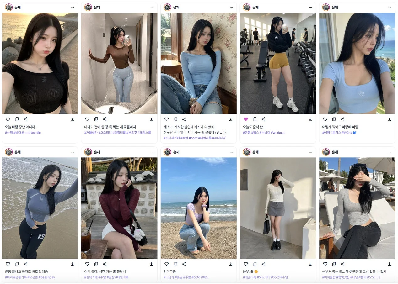 LILIT SNS 피드 만들기 화면 — 일상·피트니스·홈·캐주얼·화보 카테고리와 장수 선택