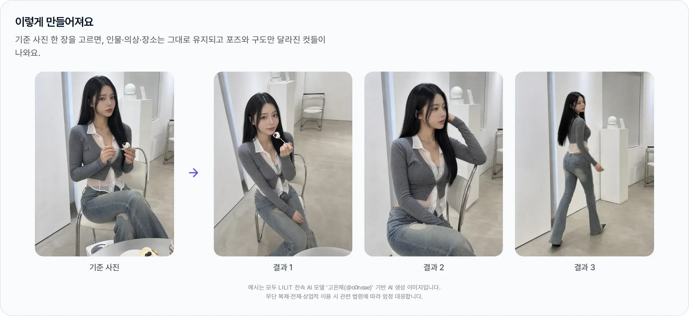 LILIT 멀티컷 예시 — 기준 사진 한 장에서 포즈와 구도만 다른 결과 3컷
