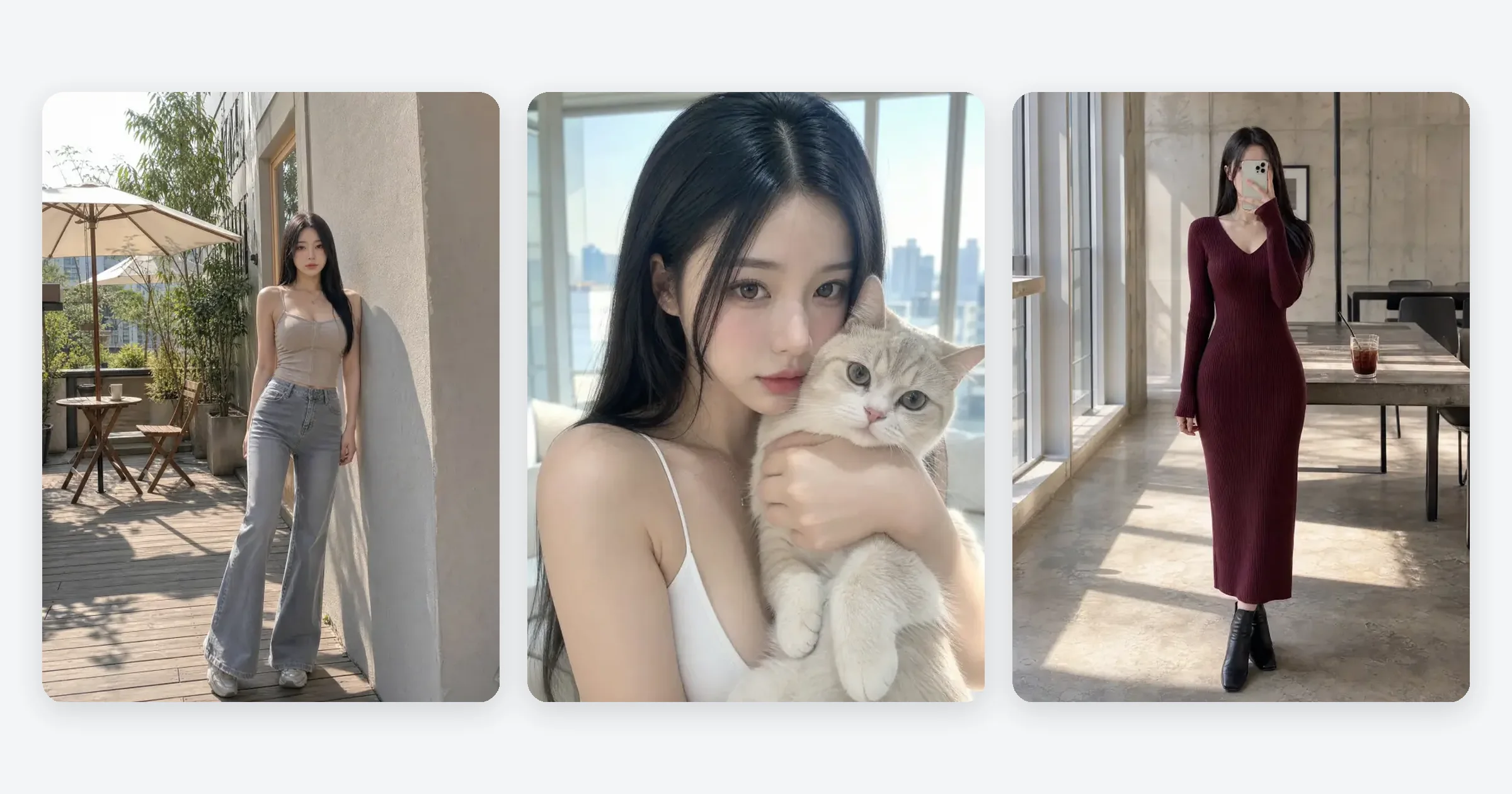 버추얼 인플루언서 예시 — 루프탑, 집, 카페에서 찍은 것처럼 보이는 같은 AI 인물의 사진 세 장