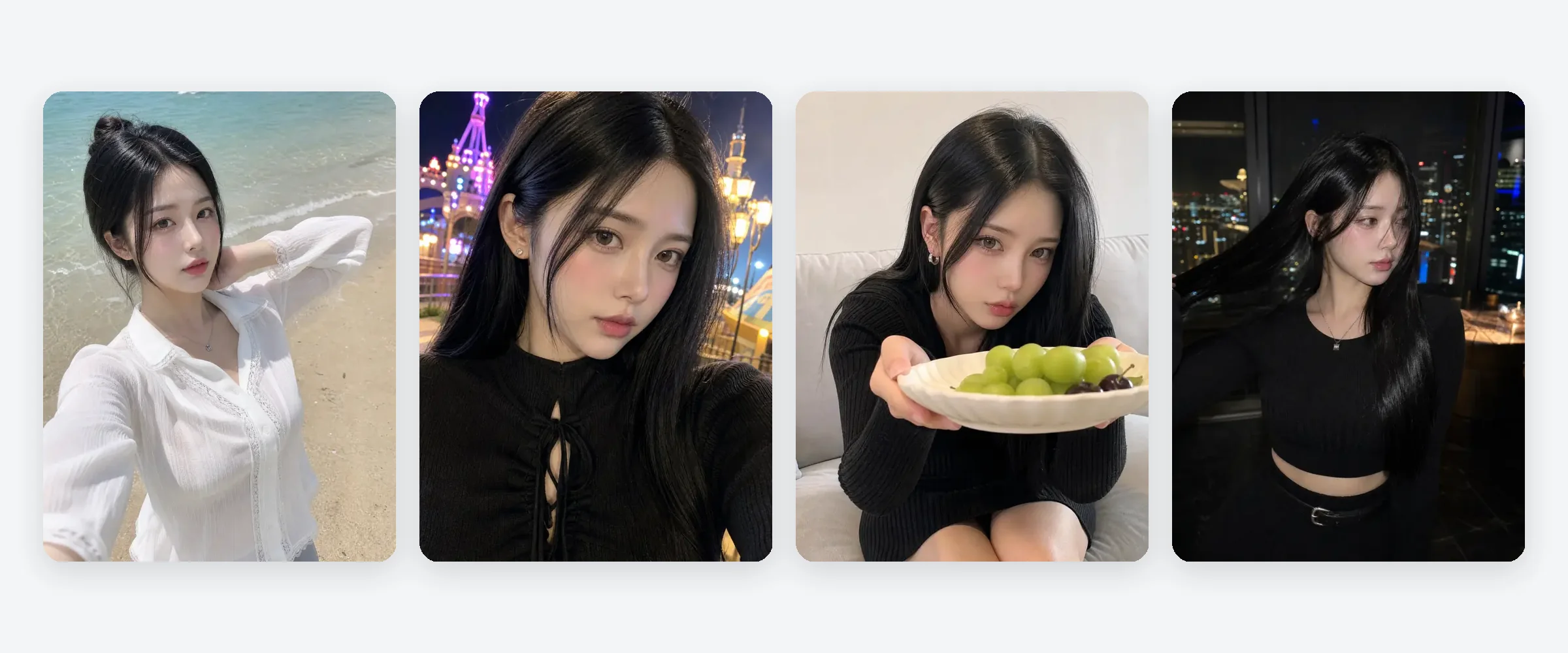 같은 얼굴을 유지한 AI 인플루언서 사진 네 장 — 해변, 놀이공원 야경, 집 소파, 도시 야경이 보이는 실내